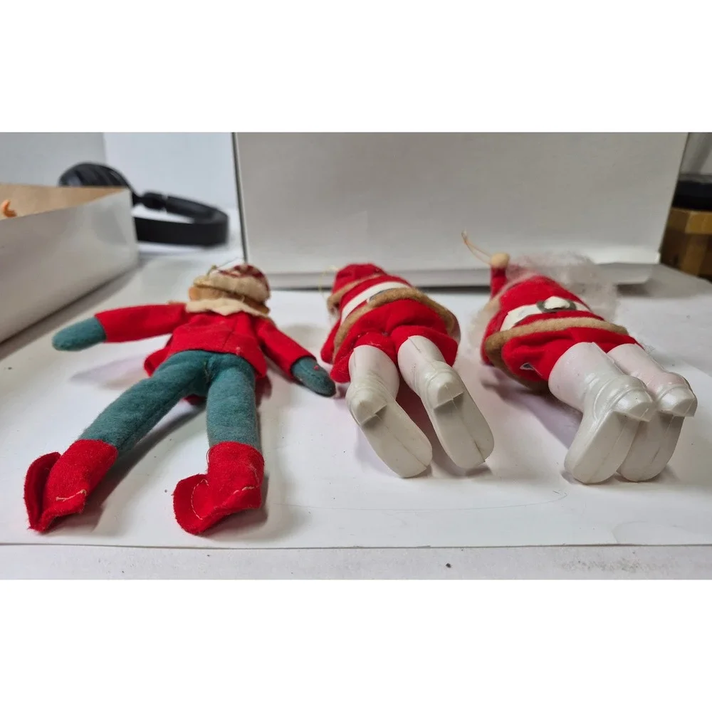 Vintage Rubber Face Felt Santa Elf Christmas Ornaments Lot of 3 Japan Retro MCM